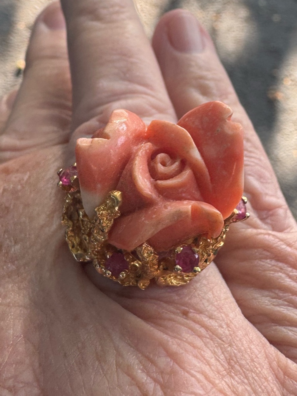 14K Yellow Gold Rose Carved in Coral Ring18.42G AMAZING!
